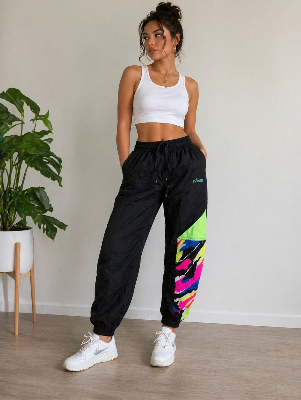 Vintage WOOD Windbreaker Track Pants Neon Colorblock Size 4 Retro 90s Joggers